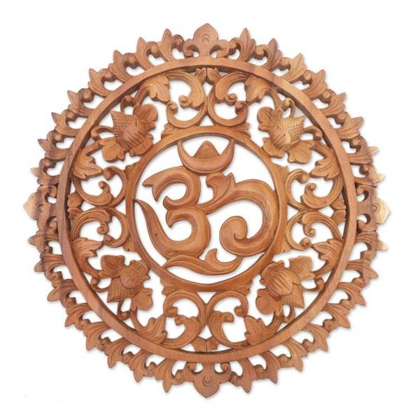 Alternate image for Hand-Carved Floral Om Suar Wood Relief Panel from Bali Floral Om Corona