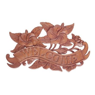 Alternate image for Hand Carved Suar Wood Welcome Sign from Bali Hibiscus Welcome