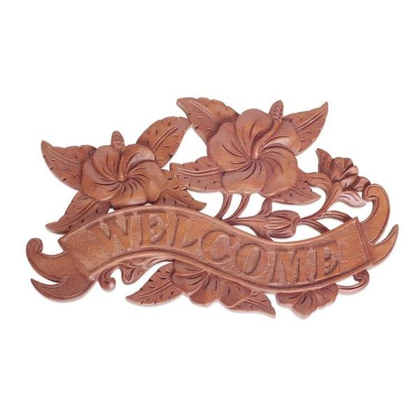 Alternate image for Hand Carved Suar Wood Welcome Sign from Bali Hibiscus Welcome