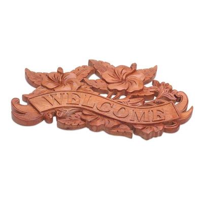 Alternate image for Hand Carved Suar Wood Welcome Sign from Bali Hibiscus Welcome