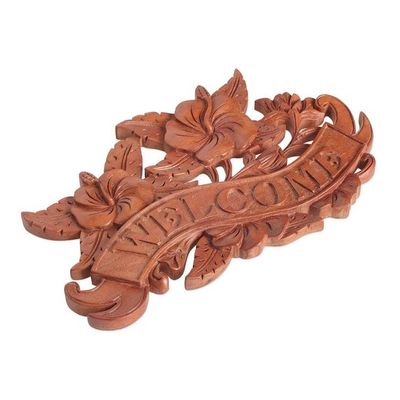Alternate image for Hand Carved Suar Wood Welcome Sign from Bali Hibiscus Welcome