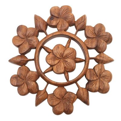 Alternate image for Hand Carved Floral Wood Wall Relief Panel from Indonesia Frangipani Garden