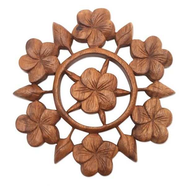 Alternate image for Hand Carved Floral Wood Wall Relief Panel from Indonesia Frangipani Garden