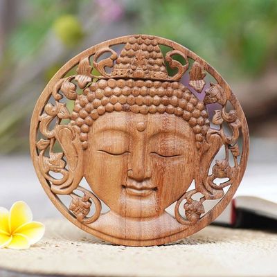 Alternate image for Handcrafted Suar Wood Buddha Relief Panel from Bali Berry Buddha