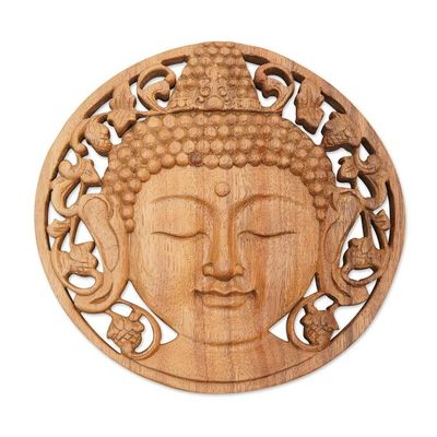 Alternate image for Handcrafted Suar Wood Buddha Relief Panel from Bali Berry Buddha