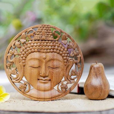Alternate image for Handcrafted Suar Wood Buddha Relief Panel from Bali Berry Buddha