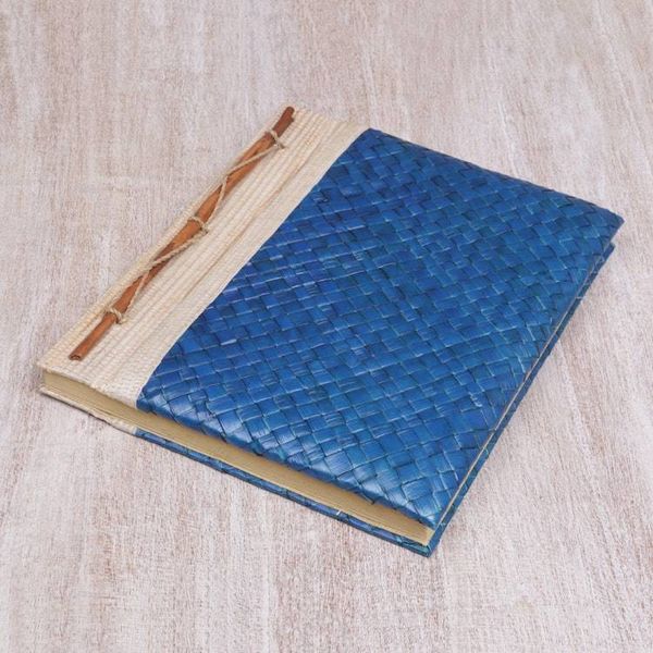 Alternate image for Artisan Hand-woven Pandan Leaf Journal in Blue from Bali Happy Weaver in Blue