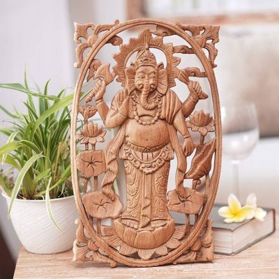 Alternate image for Suar Wood Hand Carved Relief Wall Panel of Ganesha Ganesha Standing