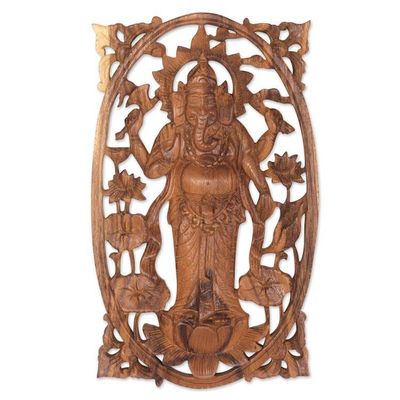 Alternate image for Suar Wood Hand Carved Relief Wall Panel of Ganesha Ganesha Standing