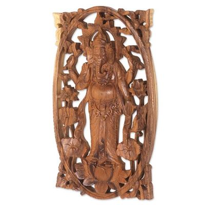 Alternate image for Suar Wood Hand Carved Relief Wall Panel of Ganesha Ganesha Standing