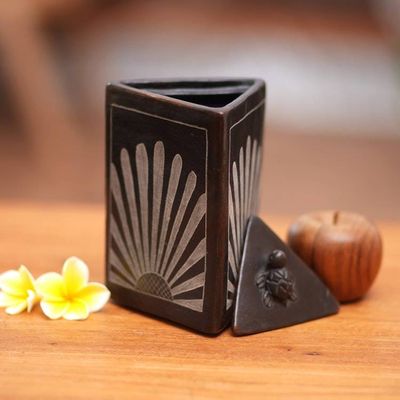 Alternate image for Black Ceramic Triangle Jar Crafted by Hand Sunflower Pyramid Frog