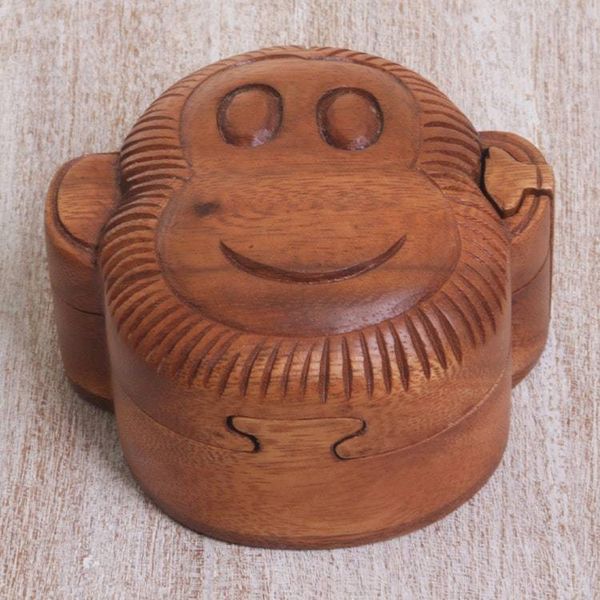 Alternate image for Hand Made Wood Puzzle Box Monkey Face from Indonesia Happy Monkey