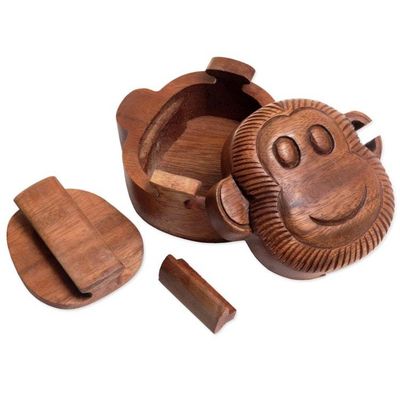 Alternate image for Hand Made Wood Puzzle Box Monkey Face from Indonesia Happy Monkey