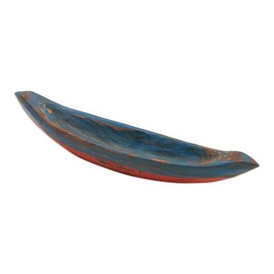 Alternate image for Blue Hand Carved Balinese Boat Theme Catchall Vintage Blue Canoe