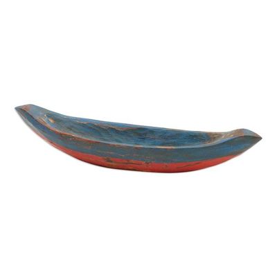 Alternate image for Blue Hand Carved Balinese Boat Theme Catchall Vintage Blue Canoe