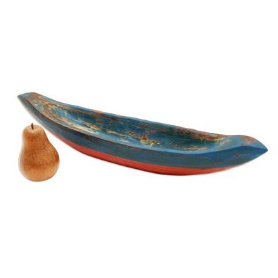 Alternate image for Blue Hand Carved Balinese Boat Theme Catchall Vintage Blue Canoe