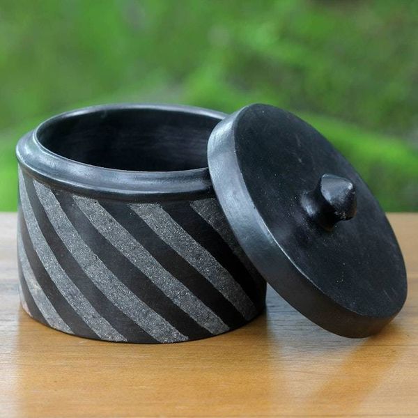 Alternate image for Indonesian Handcrafted Swirl-Design Black Ceramic Jar Zebra Swirl