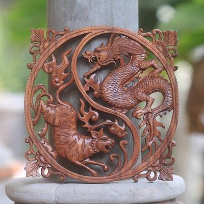 Alternate image for Hand Carved Wood Wall Relief from Indonesia Tiger and Dragon