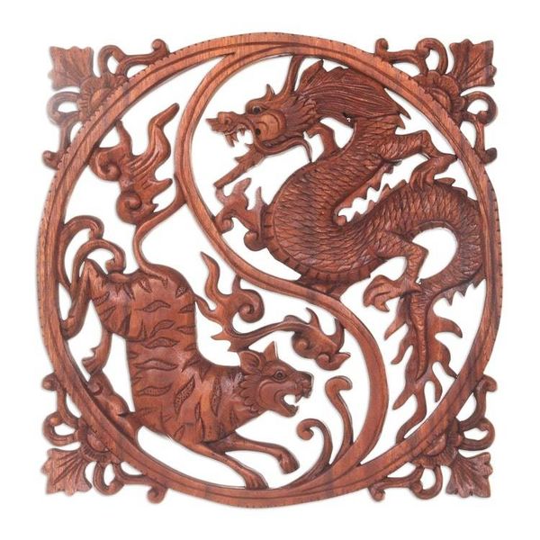 Alternate image for Hand Carved Wood Wall Relief from Indonesia Tiger and Dragon