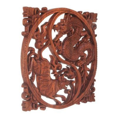 Alternate image for Hand Carved Wood Wall Relief from Indonesia Tiger and Dragon