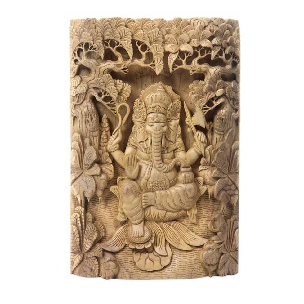 Highly Detailed Balinese Relief Panel Depicting Ganesha 'Meditating Ganesha'