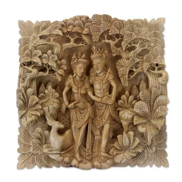 Alternate image for Ornately Detailed Wood Relief Panel of Rama and Sita The Romance of Rama and Sita
