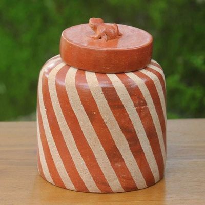 Alternate image for Handcrafted Ecthed Ceramic Lidded Jar from Indonesia Lucky Frog in Brown