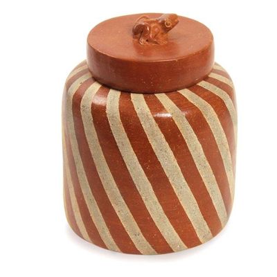 Alternate image for Handcrafted Ecthed Ceramic Lidded Jar from Indonesia Lucky Frog in Brown
