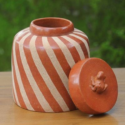 Alternate image for Handcrafted Ecthed Ceramic Lidded Jar from Indonesia Lucky Frog in Brown