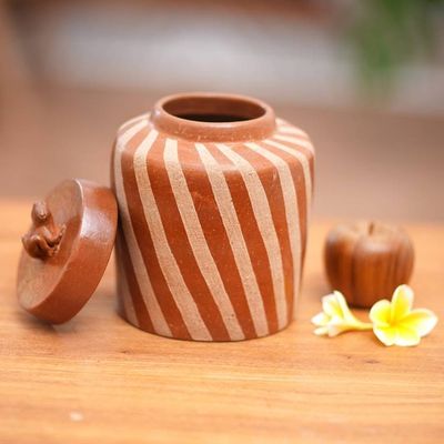 Alternate image for Handcrafted Ecthed Ceramic Lidded Jar from Indonesia Lucky Frog in Brown