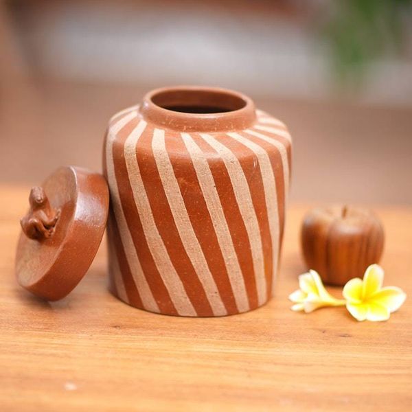 Alternate image for Handcrafted Ecthed Ceramic Lidded Jar from Indonesia Lucky Frog in Brown