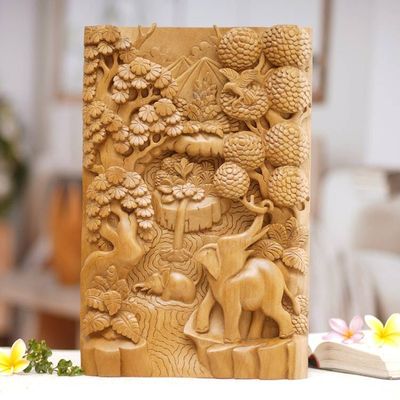 Alternate image for Unique Relief Panel Hand-carved Wood Signed Wall Art Elephants in the Wild