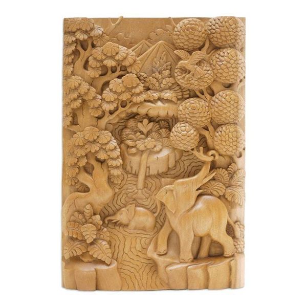 Alternate image for Unique Relief Panel Hand-carved Wood Signed Wall Art Elephants in the Wild
