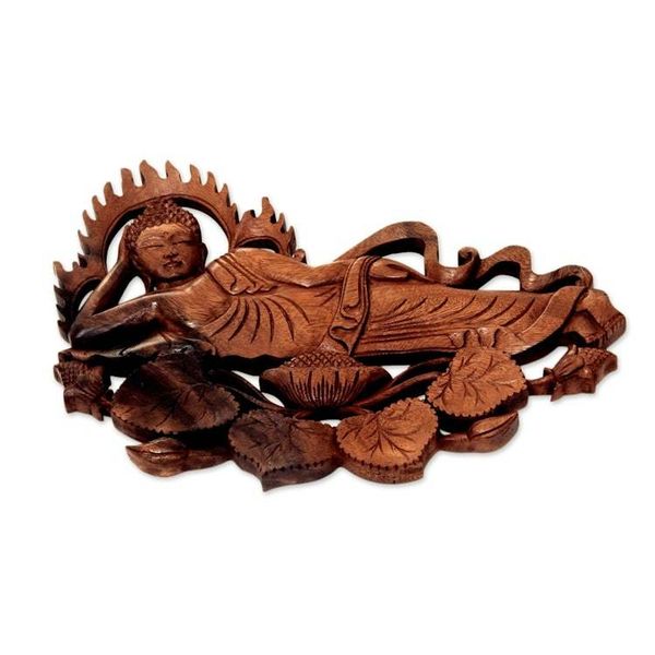 Alternate image for Signed Balinese Buddha Suar Wood Relief Panel Sculpture Buddha Relaxes