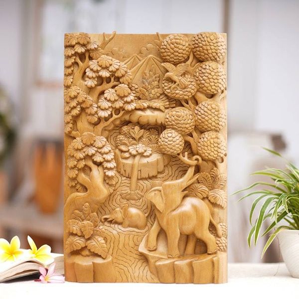 Alternate image for Unique Relief Panel Hand-carved Wood Signed Wall Art Elephants in the Wild