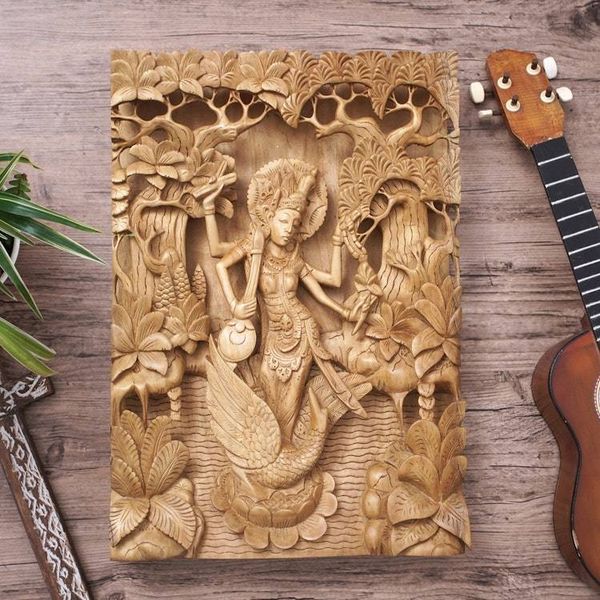 Alternate image for Balinese Hand Carved Relief Panel of the Goddess Saraswati Hindu Goddess Saraswati