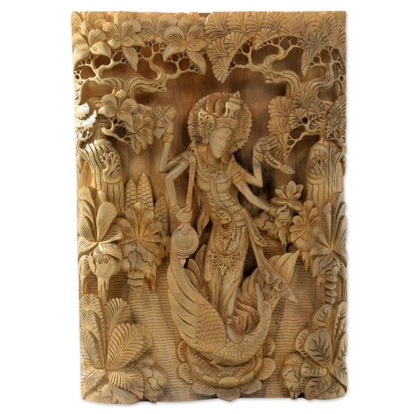 Alternate image for Balinese Hand Carved Relief Panel of the Goddess Saraswati Hindu Goddess Saraswati