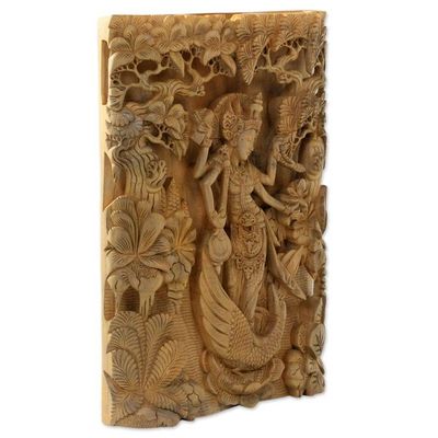 Alternate image for Balinese Hand Carved Relief Panel of the Goddess Saraswati Hindu Goddess Saraswati