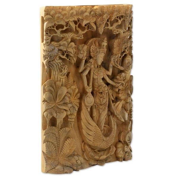 Alternate image for Balinese Hand Carved Relief Panel of the Goddess Saraswati Hindu Goddess Saraswati
