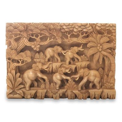 Alternate image for Fair Trade Handcrafted Elephant Wall Relief Panel Jungle Frolic