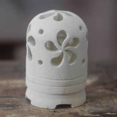 Alternate image for Balinese Carved Floral Limestone Tealight Holder Sculpture Jasmine Glow