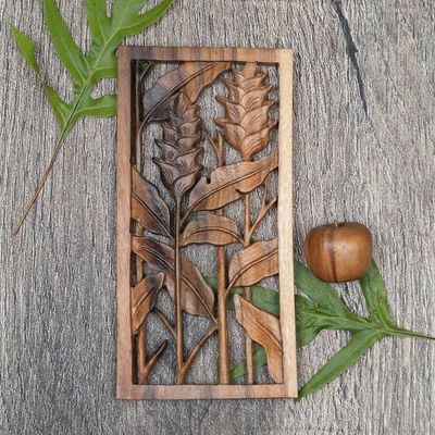 Alternate image for Floral Balinese Relief Panel Hand Carved Wall Sculpture Balinese Heliconia