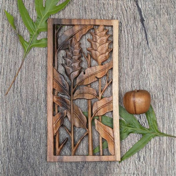 Alternate image for Floral Balinese Relief Panel Hand Carved Wall Sculpture Balinese Heliconia