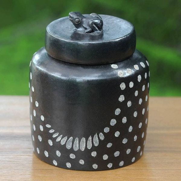 Alternate image for Indonesian Artisan Crafted Spotted Ceramic Jar with Lid Frog Song