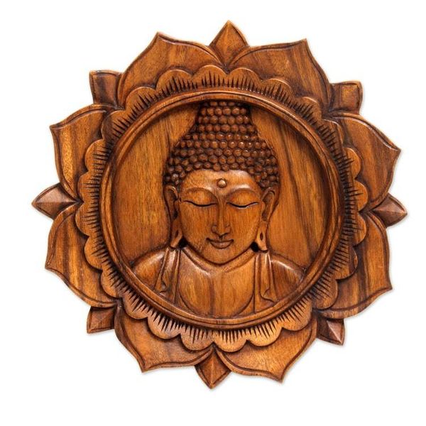 Alternate image for Balinese Hand Crafted Wood Buddha Relief Panel Lotus Buddha