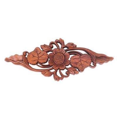 Alternate image for Lotus Blossom Hand Carved Wood Relief Panel from Bali Singular Lotus