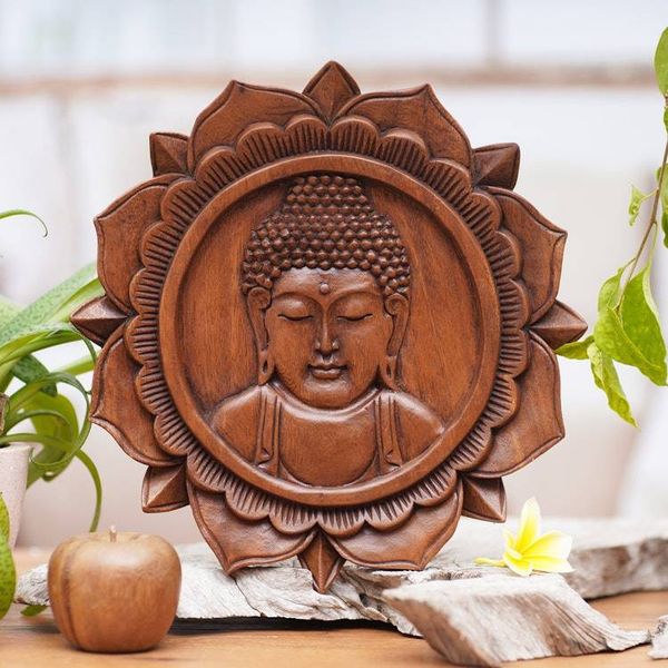 Alternate image for Balinese Hand Crafted Wood Buddha Relief Panel Lotus Buddha