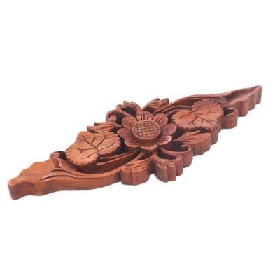 Alternate image for Lotus Blossom Hand Carved Wood Relief Panel from Bali Singular Lotus
