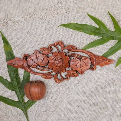 Alternate image for Lotus Blossom Hand Carved Wood Relief Panel from Bali Singular Lotus