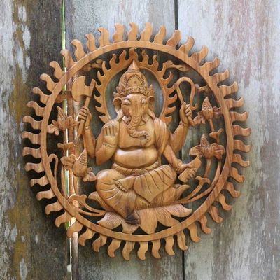 Alternate image for Balinese Artisan Carved Ganesha Wood Relief Panel Ganesha Aura
